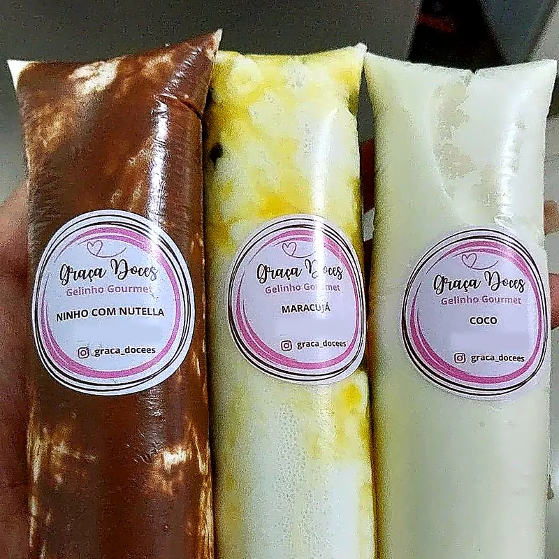 Três gelinhos gourmet com etiqueta da Graça Doces: Ninho com Nutella, Maracujá e Coco